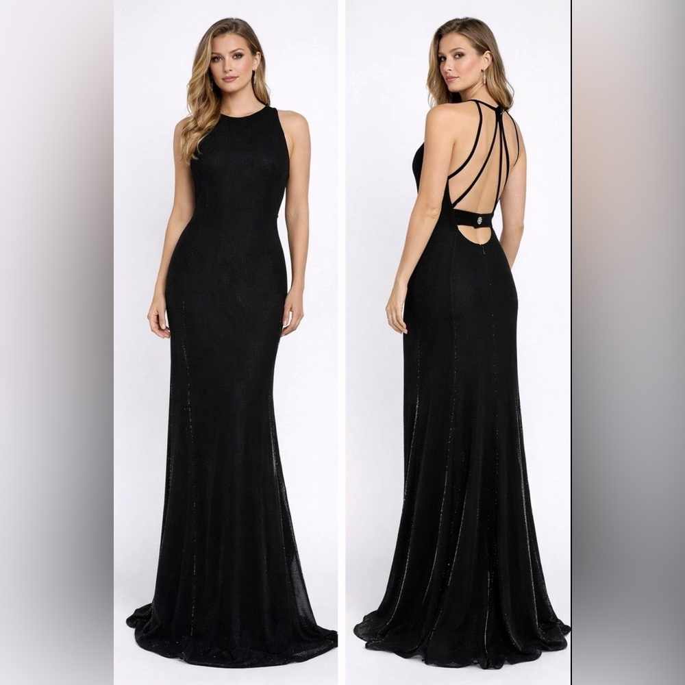 Strappy Backless Mermaid Formal Evening Gown S/M Black Gold Metallic Rhinestone